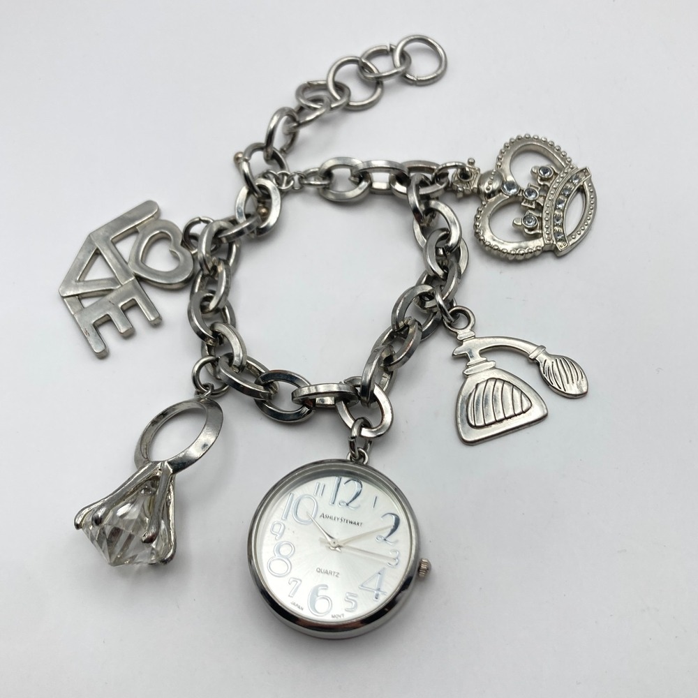 Ashley Stewart Womens Charm Watch 32mm Silver Tone Bling Crown New Battery 7"